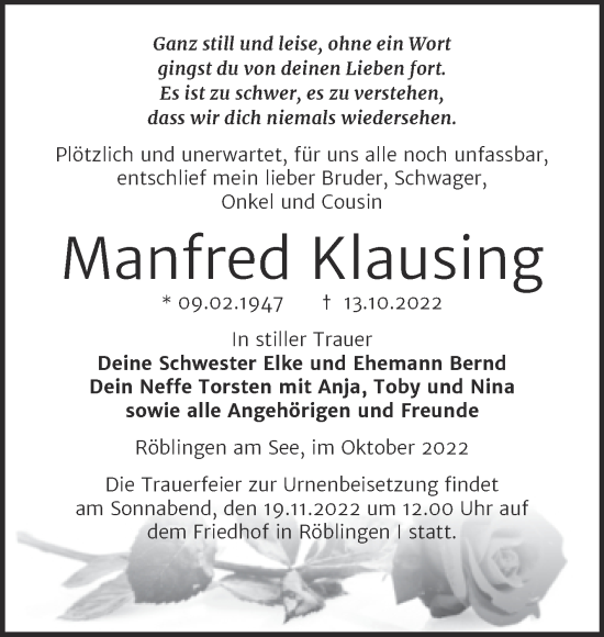 Traueranzeige von Manfred Klausing von Trauerkombi Mansfelder Land