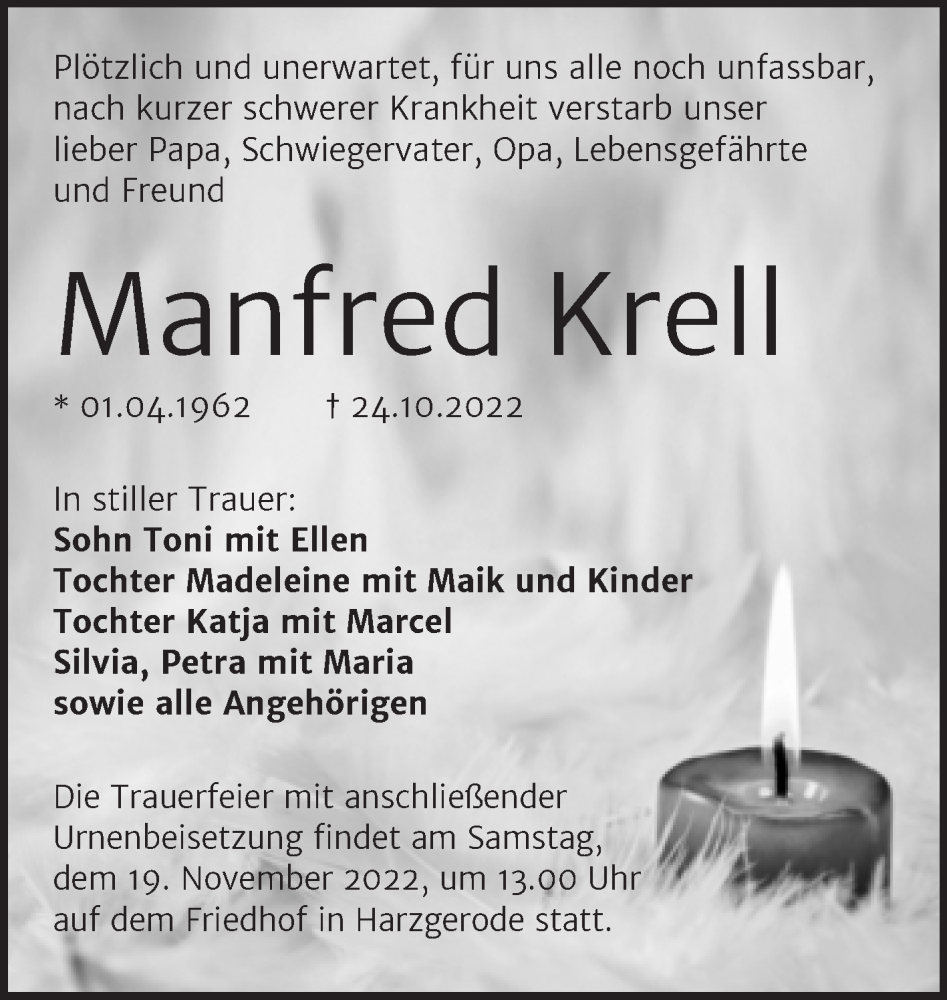  Traueranzeige für Manfred Krell vom 05.11.2022 aus Trauerkombi Quedlinburg