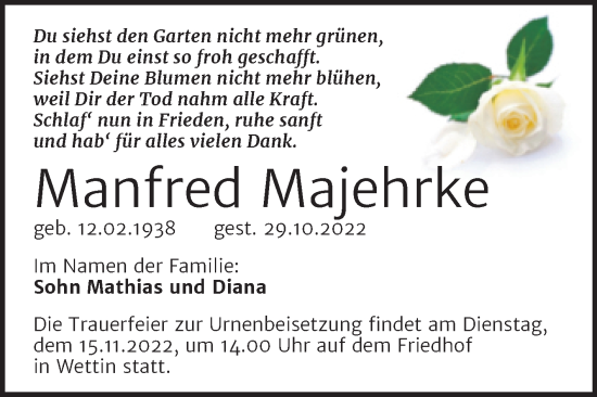 Traueranzeige von Manfred Majehrke von Mitteldeutsche Zeitung Halle/Saalkreis