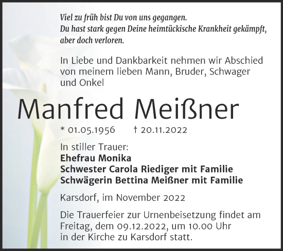 Traueranzeige von Manfred Meißner von Wochenspiegel Naumburg/Nebra