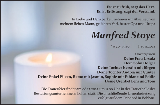 Traueranzeige von Manfred Stoye von Trauerkombi Bitterfeld