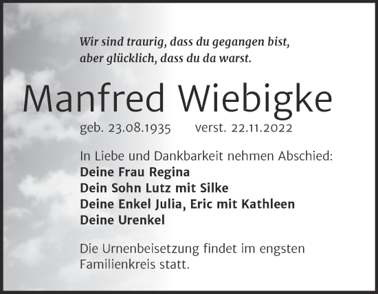 Traueranzeige von Manfred Wiebigke von Trauerkombi Weißenfels