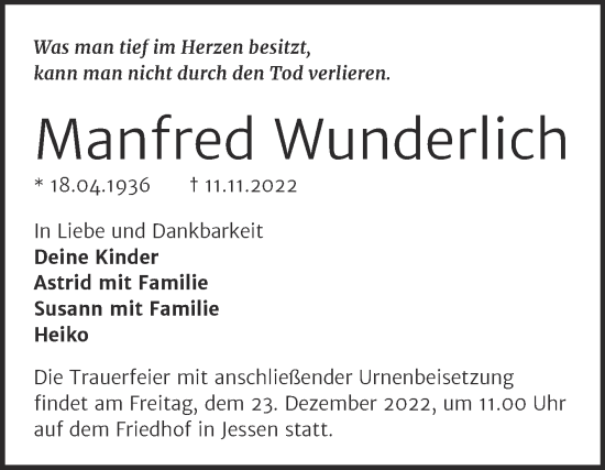 Traueranzeige von Manfred Wunderlich von Mitteldeutsche Zeitung