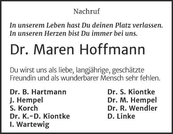 Traueranzeige von Maren Hoffmann von Trauerkombi Weißenfels
