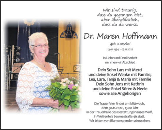 Traueranzeige von Maren Hoffmann von Trauerkombi Weißenfels