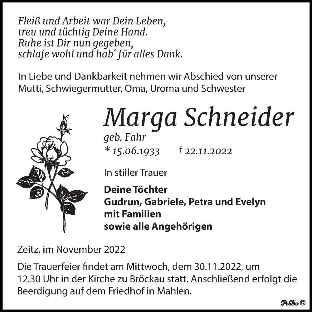  Traueranzeige für Marga Schneider vom 26.11.2022 aus Trauerkombi Zeitz
