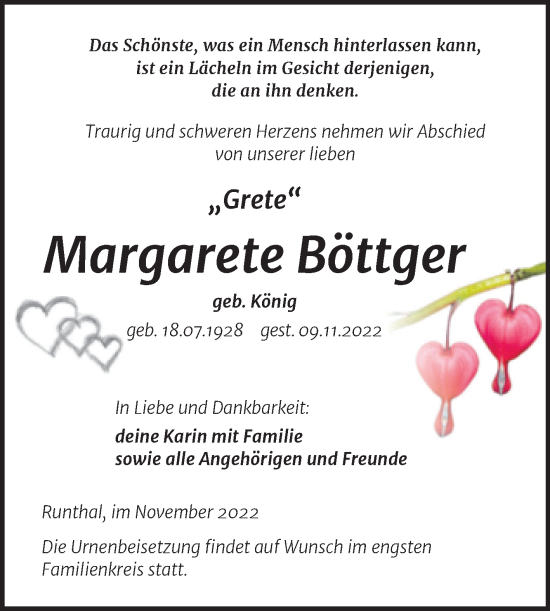 Traueranzeige von Margarete Böttger von Trauerkombi Weißenfels