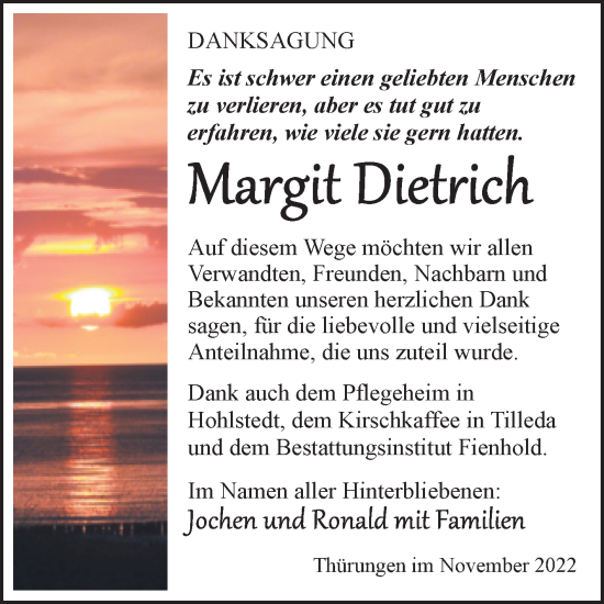 Traueranzeige von Margit Dietrich von Trauerkombi Sangerhausen