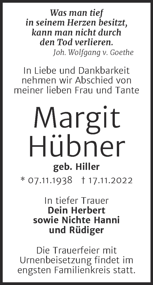 Traueranzeige von Margit Hübner von Mitteldeutsche Zeitung Halle/Saalkreis