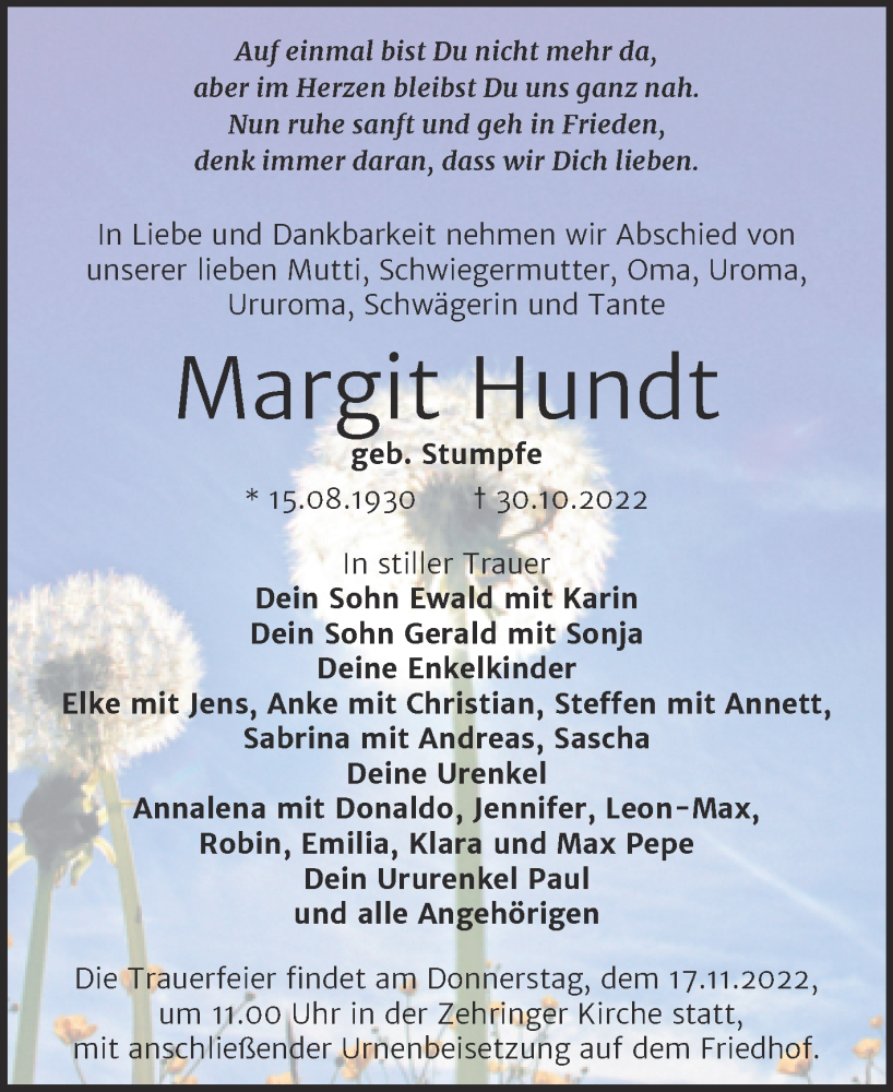  Traueranzeige für Margit Hundt vom 04.11.2022 aus Trauerkombi Köthen