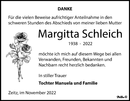 Traueranzeige von Margitta Schleich von Trauerkombi Zeitz