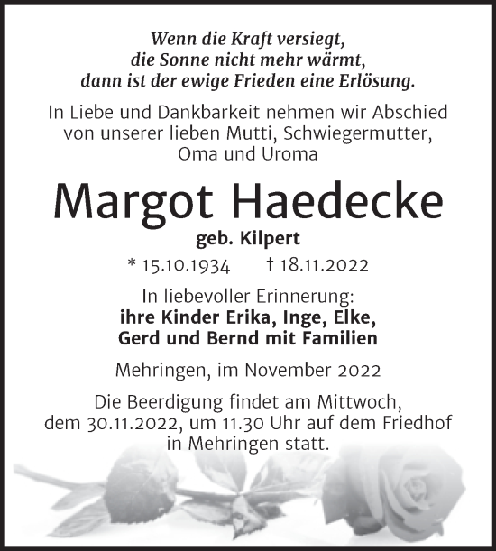 Traueranzeige von Margot Haedecke von Trauerkombi Aschersleben