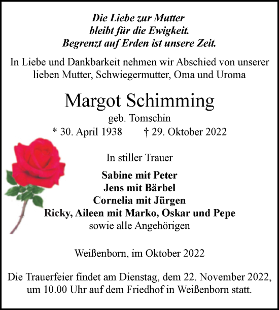 Traueranzeige von Margot Schimming von Trauerkombi Zeitz