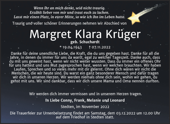 Traueranzeige von Margret Klara Krüger von Trauerkombi Mansfelder Land