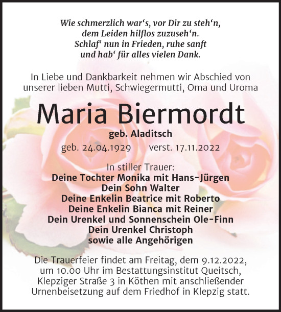 Traueranzeige von Maria Biermordt von Trauerkombi Köthen