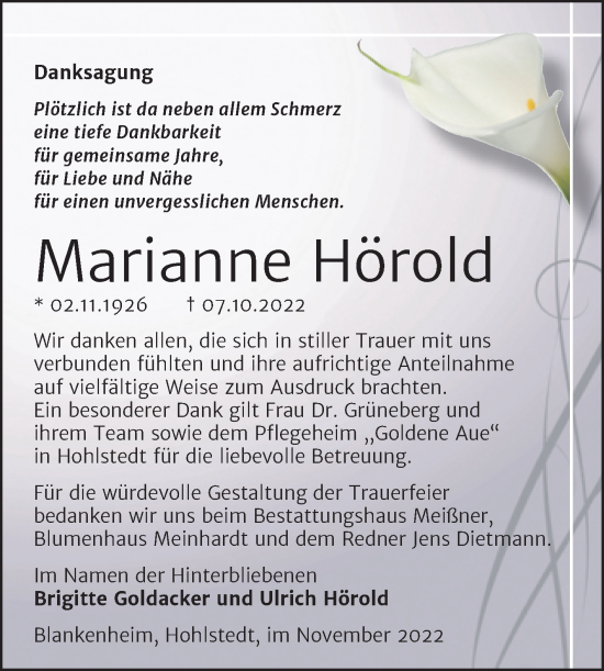 Traueranzeige von Marianne Hörold von Trauerkombi Sangerhausen