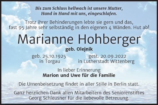 Traueranzeige von Marianne Hohberger von Trauerkombi Wittenberg