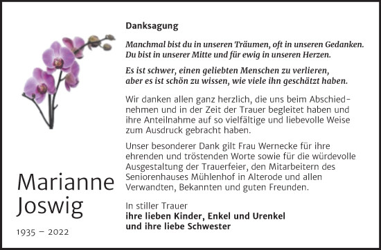 Traueranzeige von Marianne Joswig von Trauerkombi Aschersleben