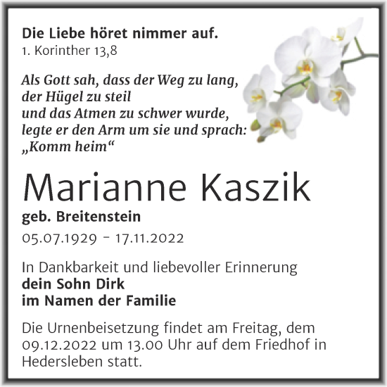 Traueranzeige von Marianne Kaszik von Trauerkombi Mansfelder Land