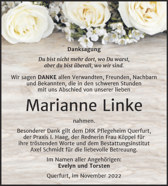 Traueranzeige von Marianne Linke von Trauerkombi Merseburg