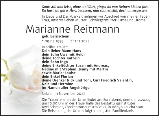 Traueranzeige von Marianne Reitmann von Wochenspiegel Naumburg/Nebra