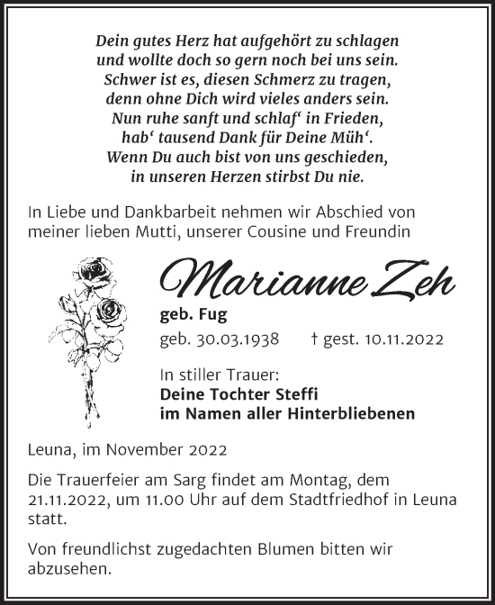 Traueranzeige von Marianne Zeh von Trauerkombi Merseburg