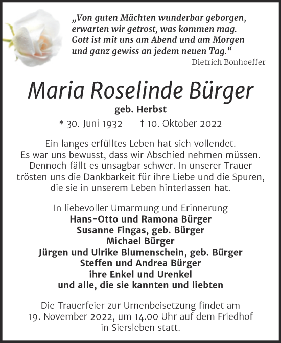 Traueranzeige von Maria Roselinde Bürger von Trauerkombi Mansfelder Land