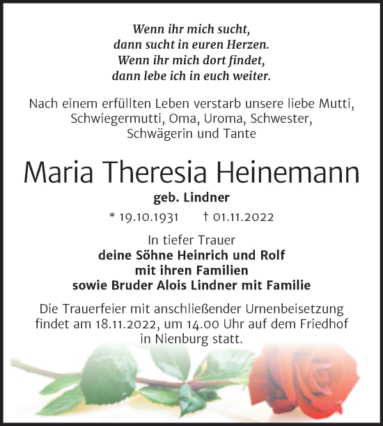 Traueranzeige von Maria Theresia Heinemann von Trauerkombi Bernburg