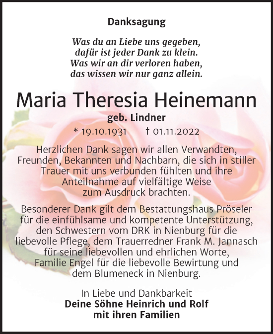Traueranzeige von Maria Theresia Heinemann von Trauerkombi Bernburg