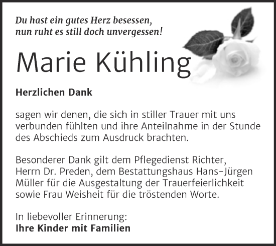 Traueranzeige von Marie Kühling von Trauerkombi Aschersleben