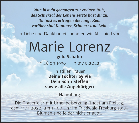 Traueranzeige von Marie Lorenz von Wochenspiegel Naumburg/Nebra