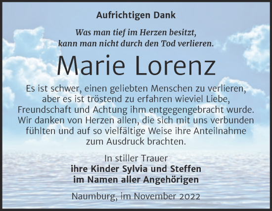 Traueranzeige von Marie Lorenz von Wochenspiegel Naumburg/Nebra