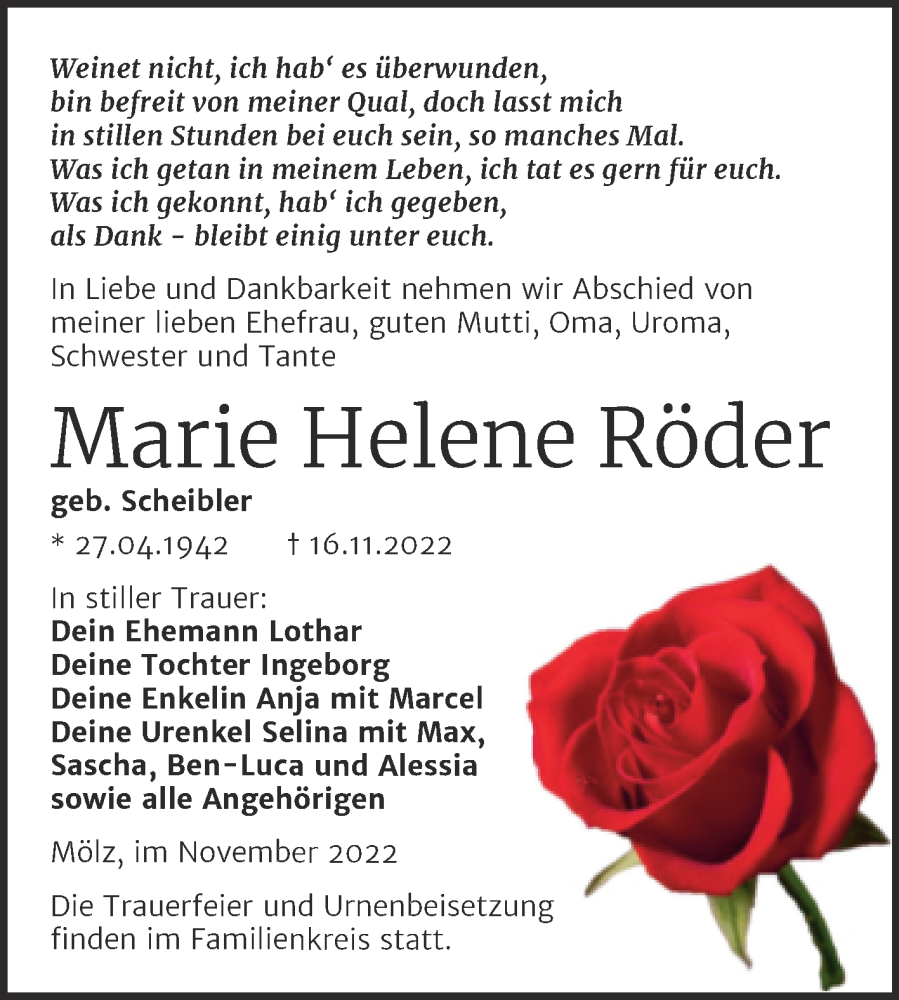  Traueranzeige für Marie Helene Röder vom 22.11.2022 aus Trauerkombi Köthen
