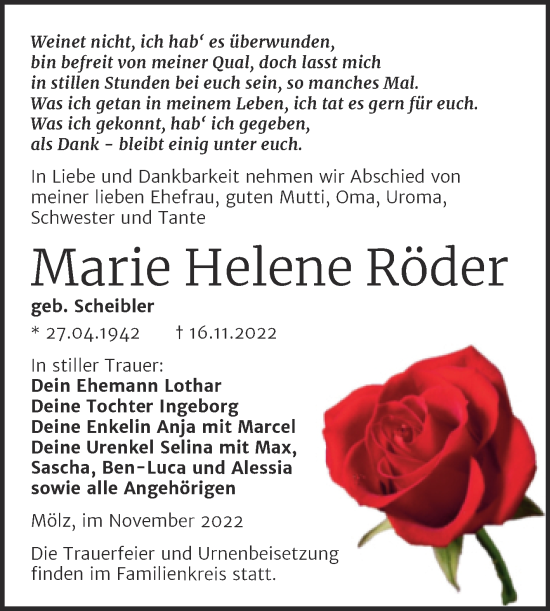 Traueranzeige von Marie Helene Röder von Trauerkombi Köthen