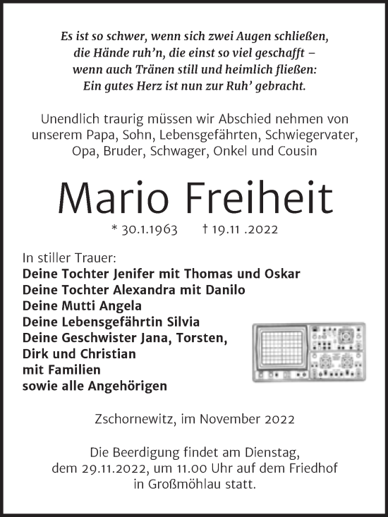 Traueranzeige von Mario Freiheit von Trauerkombi Wittenberg