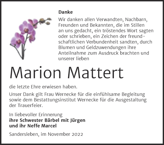 Traueranzeige von Marion Mattert von Trauerkombi Mansfelder Land
