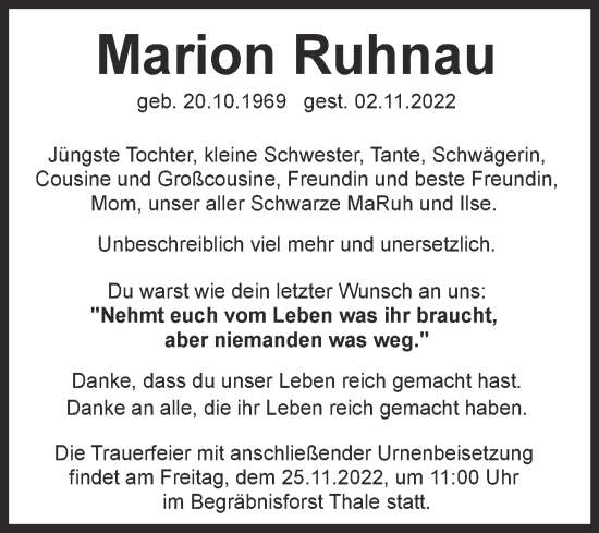Traueranzeige von Marion Ruhnau von Trauerkombi Quedlinburg