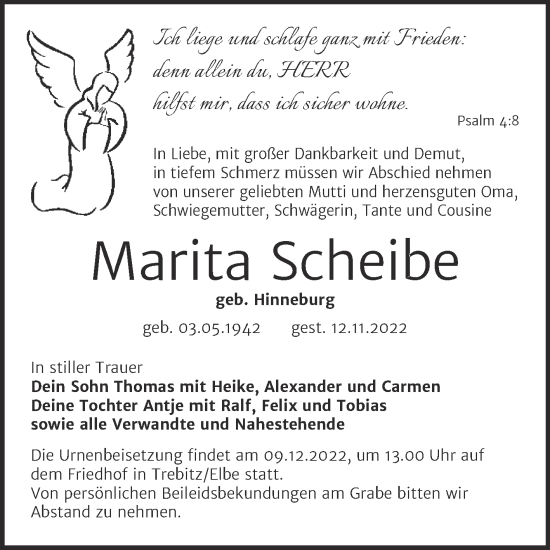 Traueranzeige von Marita Scheibe von Trauerkombi Wittenberg