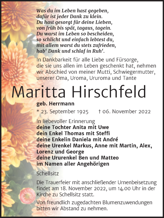 Traueranzeige von Maritta Hirschfeld von Wochenspiegel Naumburg/Nebra