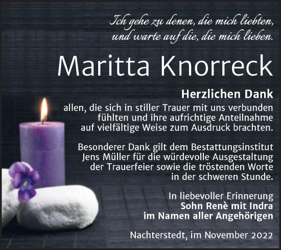 Traueranzeige von Maritta Knorreck von Trauerkombi Aschersleben