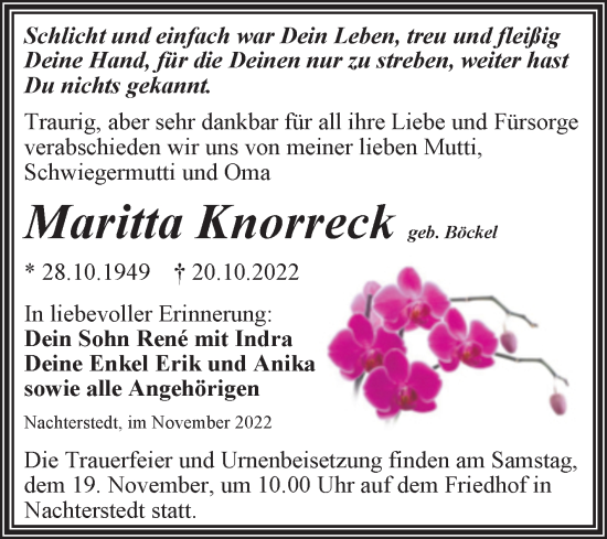Traueranzeige von Maritta Knorreck von Trauerkombi Aschersleben