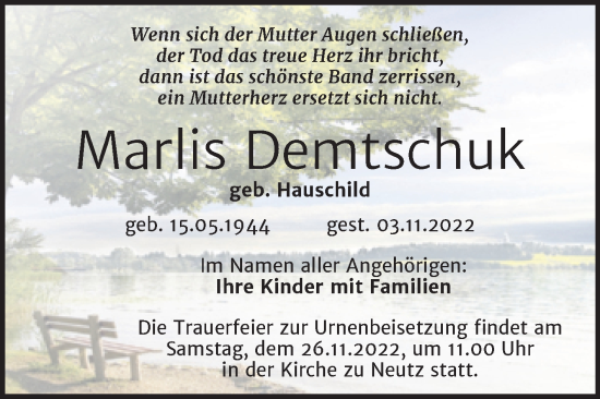 Traueranzeige von Marlis Demtschuk von Mitteldeutsche Zeitung Halle/Saalkreis