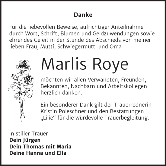 Traueranzeige von Marlis Roye von Trauerkombi Dessau
