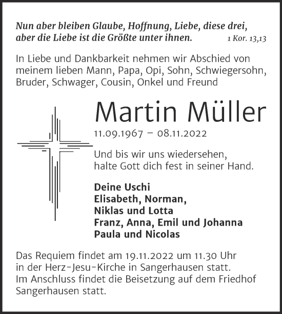 Traueranzeige von Martin Müller von Trauerkombi Sangerhausen