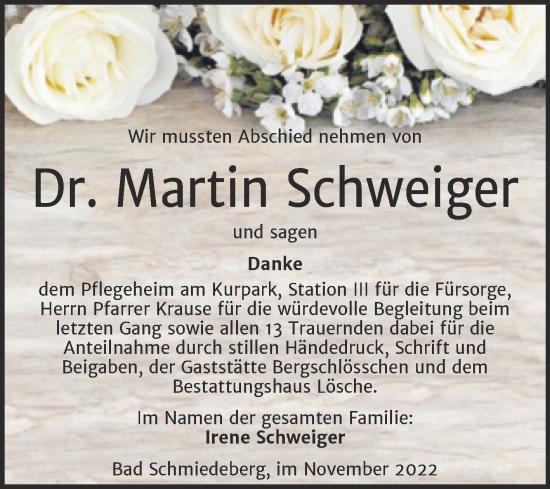 Traueranzeige von Martin Schweiger von Trauerkombi Wittenberg