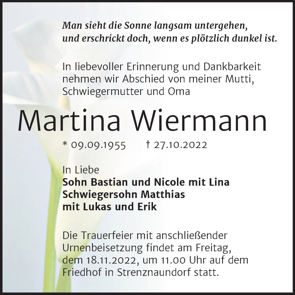 Traueranzeige für Martina Wiermann vom 05.11.2022 aus Trauerkombi Bernburg