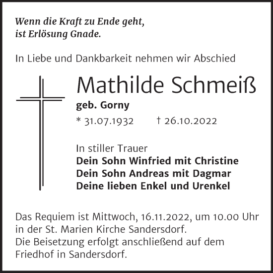 Traueranzeige von Mathilde Schmeiß von Trauerkombi Bitterfeld