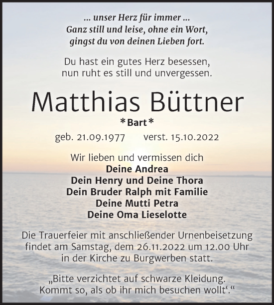 Traueranzeige von Matthias Büttner von Trauerkombi Weißenfels