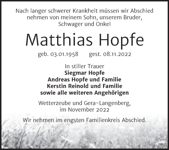 Traueranzeige von Matthias Hopfe von Trauerkombi Zeitz