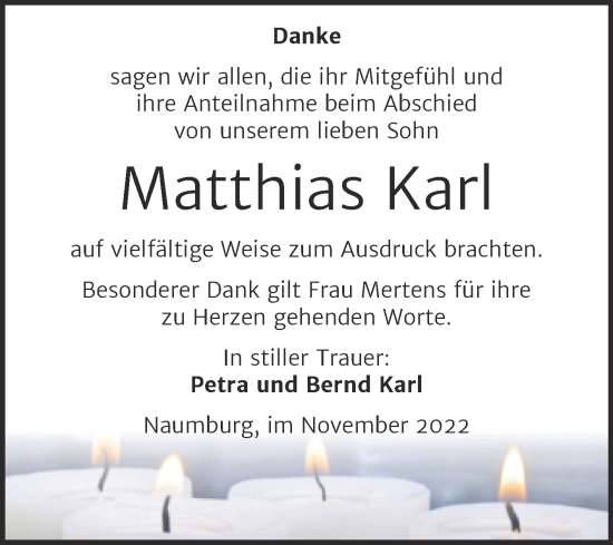Traueranzeige von Matthias Karl von Wochenspiegel Naumburg/Nebra